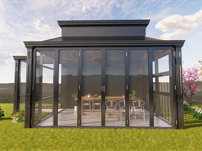 Black Framed Glass Sunroom With Interior Table Chairs And Exterior Grass Trees Blue Sky 3d model