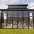 Black Framed Glass Sunroom With Interior Table Chairs And Exterior Grass Trees Blue Sky