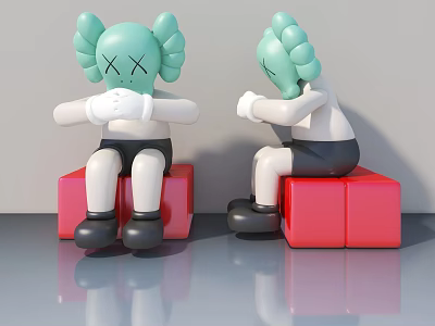 Two Green Headed Cartoon Characters Sitting On Red Cubes Decorative Sculptures 3d model