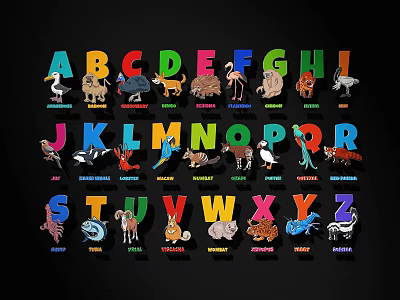 Colorful Decorative Lights Featuring A to Z Letters And Animal Patterns On Black Background 3d model