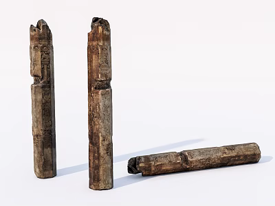 Ancient Carved Wooden Pillars in Damaged State Show Historical Features 3d model