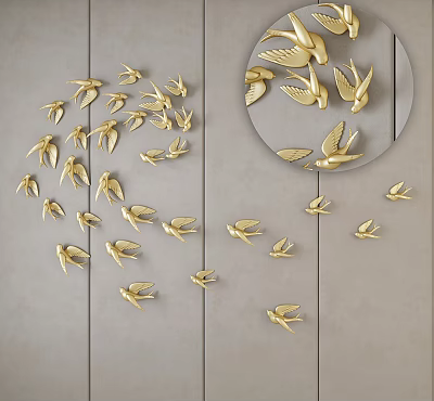 Golden Bird Wall Decor With Circular Design And Scattered Patterns On Gray Wooden Background 3d model