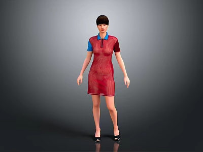 Woman In Red Dress With Blue Collar And Black Sleeves Standing On Gray Background 3d model
