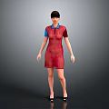 Woman In Red Dress With Blue Collar And Black Sleeves Standing On Gray Background