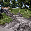 Natural Stone Stairs In Lush Garden With Green Trees Grass And Wooden Bench
