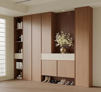 Modern Wooden Shoe Cabinet With Open And Closed Storage Vase Flowers Near Bright Window 3d model