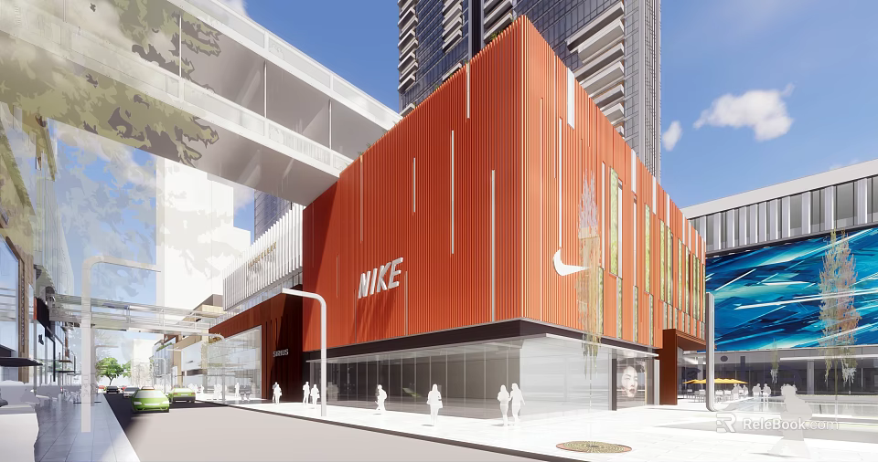 Modern Commercial Complex Red Facade With NIKE Logo And Pedestrians Near High Rise Buildings 3d model 
