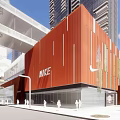 Modern Commercial Complex Red Facade With NIKE Logo And Pedestrians Near High Rise Buildings