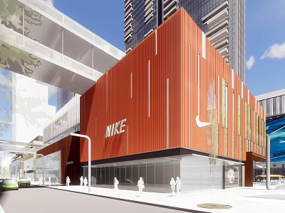 Modern Commercial Complex Red Facade With NIKE Logo And Pedestrians Near High Rise Buildings 3d model