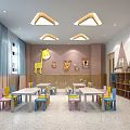Colorful Children's Classroom Interior With Colorful Tables Chairs Bookshelves TV And Ceiling Lights
