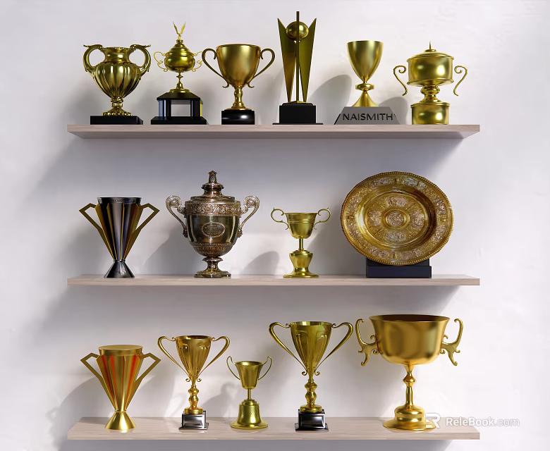 Golden Trophies And Medals With Various Designs On Display Shelves 3d model 