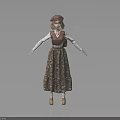 3D Model Girl in Vintage Outfit With Brown Beret Patterned Skirt and White Sleeves