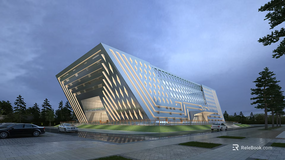Angular Modern Architectural Building With Glass Facade Green Lawn Trees And Evening Sky 3d model 