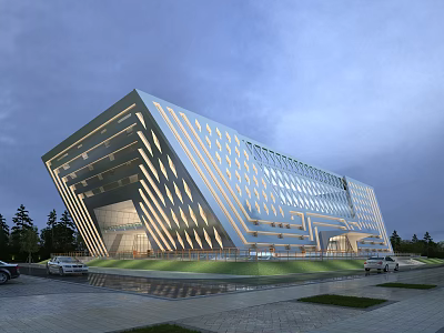 Angular Modern Architectural Building With Glass Facade Green Lawn Trees And Evening Sky 3d model