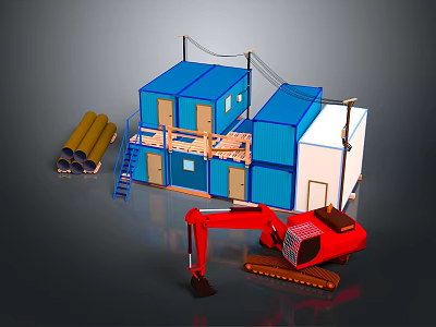 Blue And White Two Story Container Building With Red Excavator And Yellow Pipes 3d model