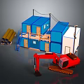 Blue And White Two Story Container Building With Red Excavator And Yellow Pipes