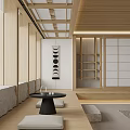 Minimalist Living And Dining Room Interior With Wooden Ceiling Large Windows And Natural Light