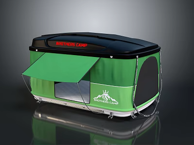 Green Black Camping Tent with Northen Camp Logo Green Awning and Silver Base Support Structure 3d model