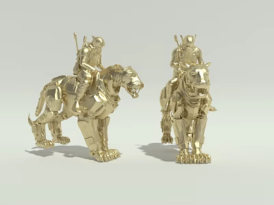 Golden Warrior Riders On Mechanical Tiger Creatures Detailed Armed Figurine Models 3d model