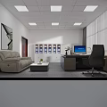 Modern Office Interior Design With Sofa Coffee Table Desk Computer File Cabinets And Ceiling Lights 3d model