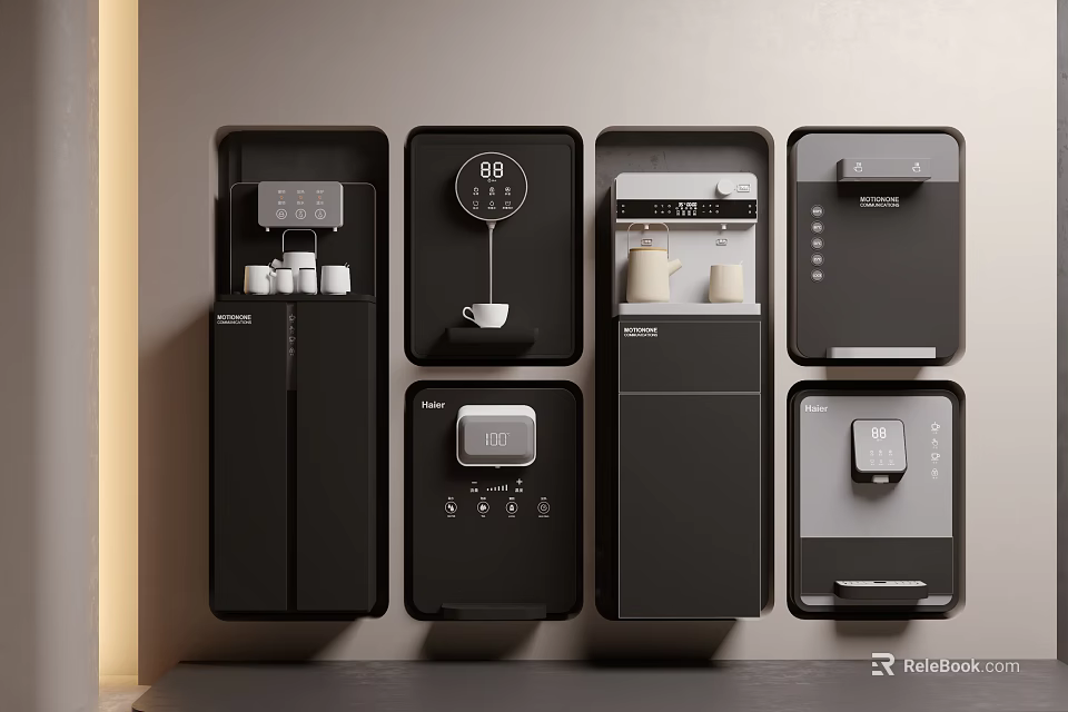 Sleek Black Modern Wall Mounted Appliances With Coffee Maker And Dispenser Units 3d model 