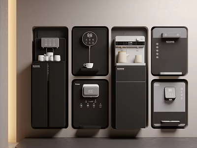 Sleek Black Modern Wall Mounted Appliances With Coffee Maker And Dispenser Units 3d model