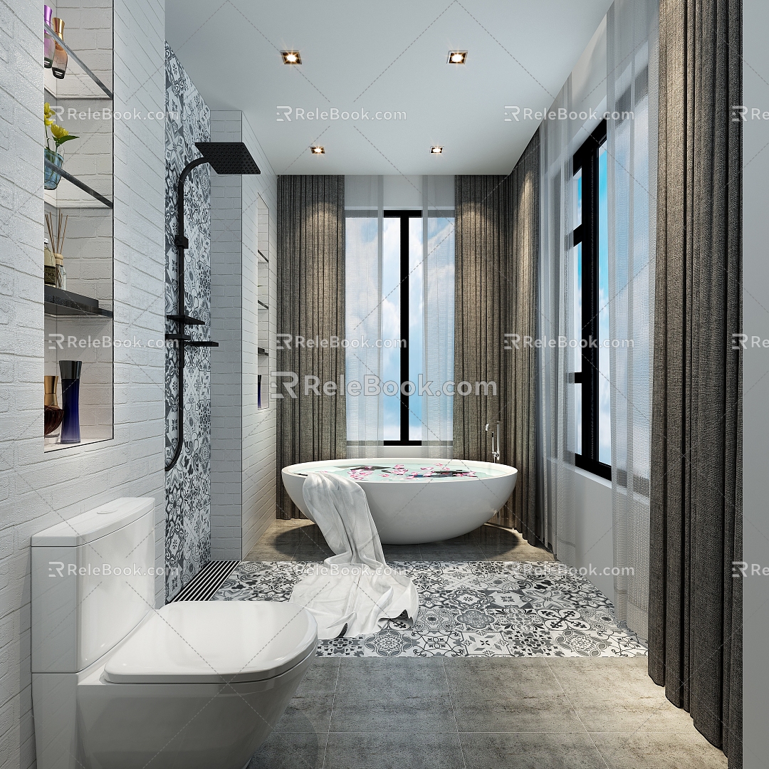 Bathroom cultural brick tiled bathtub 3d model