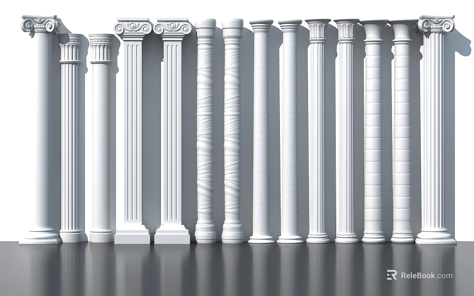 Different Styles of Classic White Roman Columns Arranged for Decorative 3d model 