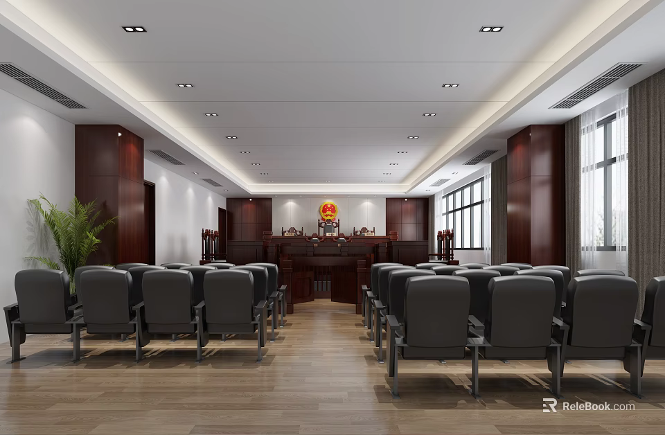 Courtroom Interior Design With Judge's Bench Red Emblem Dark Wooden Cabinets And Gray Chairs 3d model 