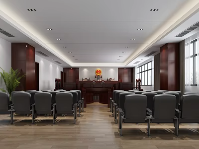 Courtroom Interior Design With Judge's Bench Red Emblem Dark Wooden Cabinets And Gray Chairs 3d model