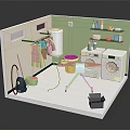 Cartoon Laundry Room Scene With Washing Machine Dryer Clothes Rack And Laundry Basket