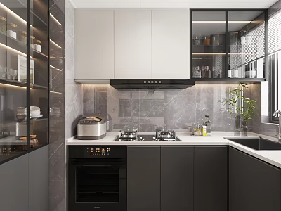 Modern Kitchen Interior With Gray White Cabinets Marble Backsplash And Glass Door Cabinets 3d model
