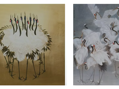 Traditional Crane Artworks With Bamboo Leaves And Dynamic Group On Golden Background 3d model