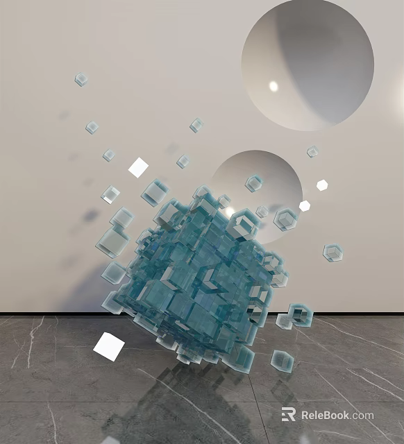 Decorative Ornament Set Blue Cubes with Scattered Transparent White Cubes Light Wall Gray Floor 3d model 