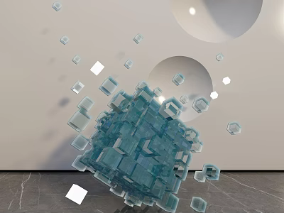 Decorative Ornament Set Blue Cubes with Scattered Transparent White Cubes Light Wall Gray Floor 3d model