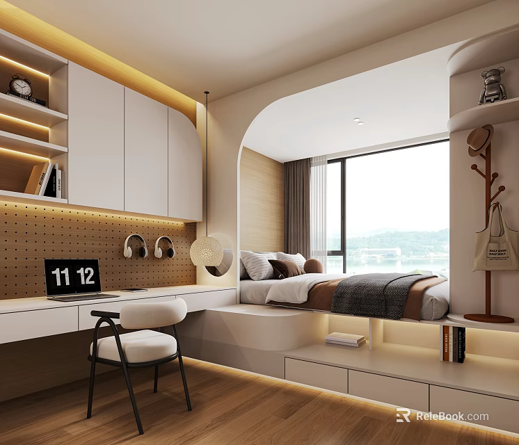 Modern Tatami Bedroom Interior With Tatami Bed Desk Chair And Mountain View Window 3d model 