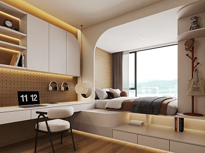 Modern Tatami Bedroom Interior With Tatami Bed Desk Chair And Mountain View Window 3d model