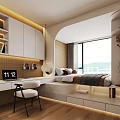 Modern Tatami Bedroom Interior With Tatami Bed Desk Chair And Mountain View Window