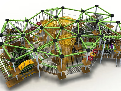 Indoor Playground Equipment With Multi Level Climbing Nets And Wooden Structures 3d model