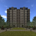 Modern Residential Building Exterior with Lush Greenery Lawn Trees and Scenic Landscape