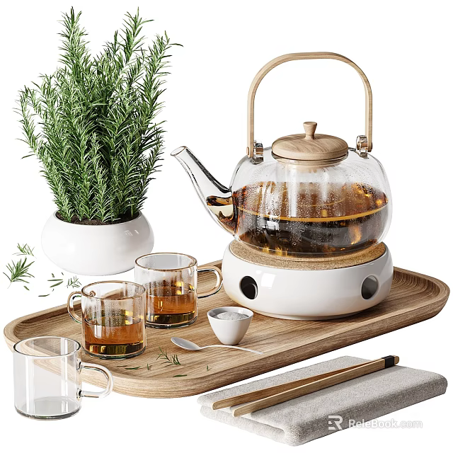 Elegant Glass Teapot Tea Set with Wooden Tray Two Glass Cups and Rosemary Plant 3d model 