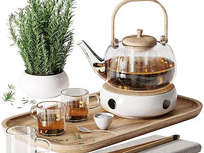 Elegant Glass Teapot Tea Set with Wooden Tray Two Glass Cups and Rosemary Plant 3d model