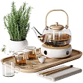 Elegant Glass Teapot Tea Set with Wooden Tray Two Glass Cups and Rosemary Plant 3d model