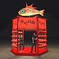 Interactive Zone Featuring Red Fish Shaped Decorations Lantern Style Stalls And Tables 3d model