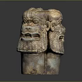Ancient Double Headed Stone Sculpture With Intricate Facial Carvings And Weathered Texture