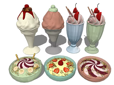 Colorful Ice Cream Cones and Dessert Plates with Strawberries Banana Slices Whipped Cream Toppings 3d model