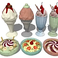Colorful Ice Cream Cones and Dessert Plates with Strawberries Banana Slices Whipped Cream Toppings