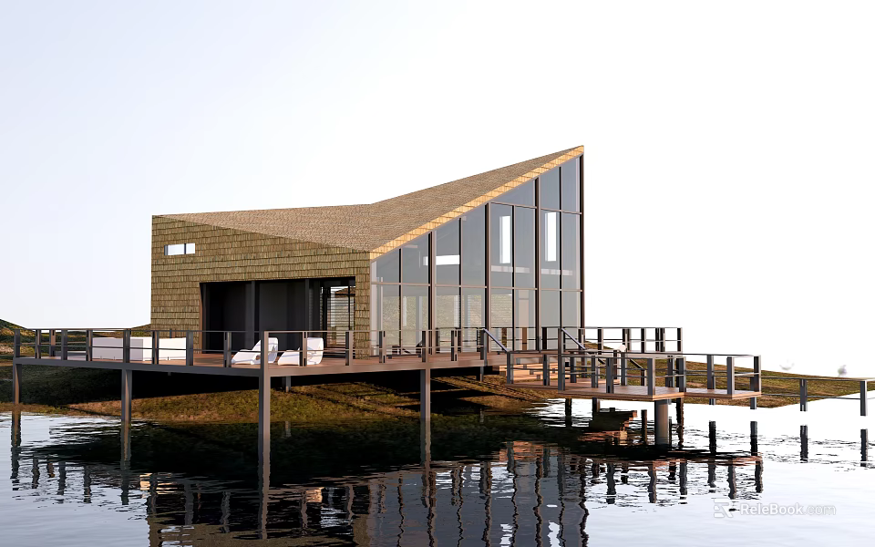 Waterfront Wooden Villa With Large Glass Windows Sloped Roof Wooden Deck And Water Reflection 3d model 