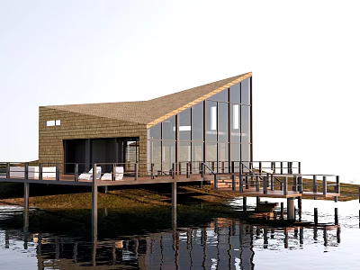 Waterfront Wooden Villa With Large Glass Windows Sloped Roof Wooden Deck And Water Reflection 3d model