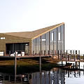 Waterfront Wooden Villa With Large Glass Windows Sloped Roof Wooden Deck And Water Reflection